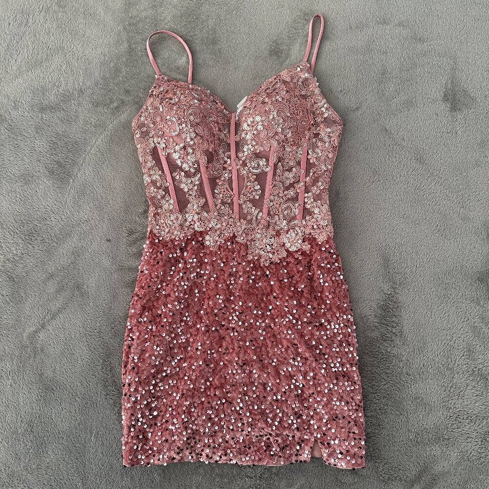 Milly Bridal Pink Corset Sequin Mini Bodycon Party Dress XS* No Size Tag